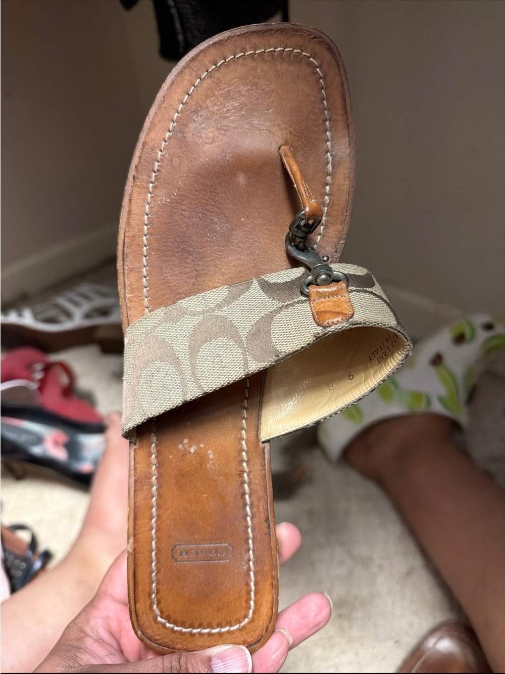 Vintage Coach summer sandal. Khaki and tan leather and wooden soles.